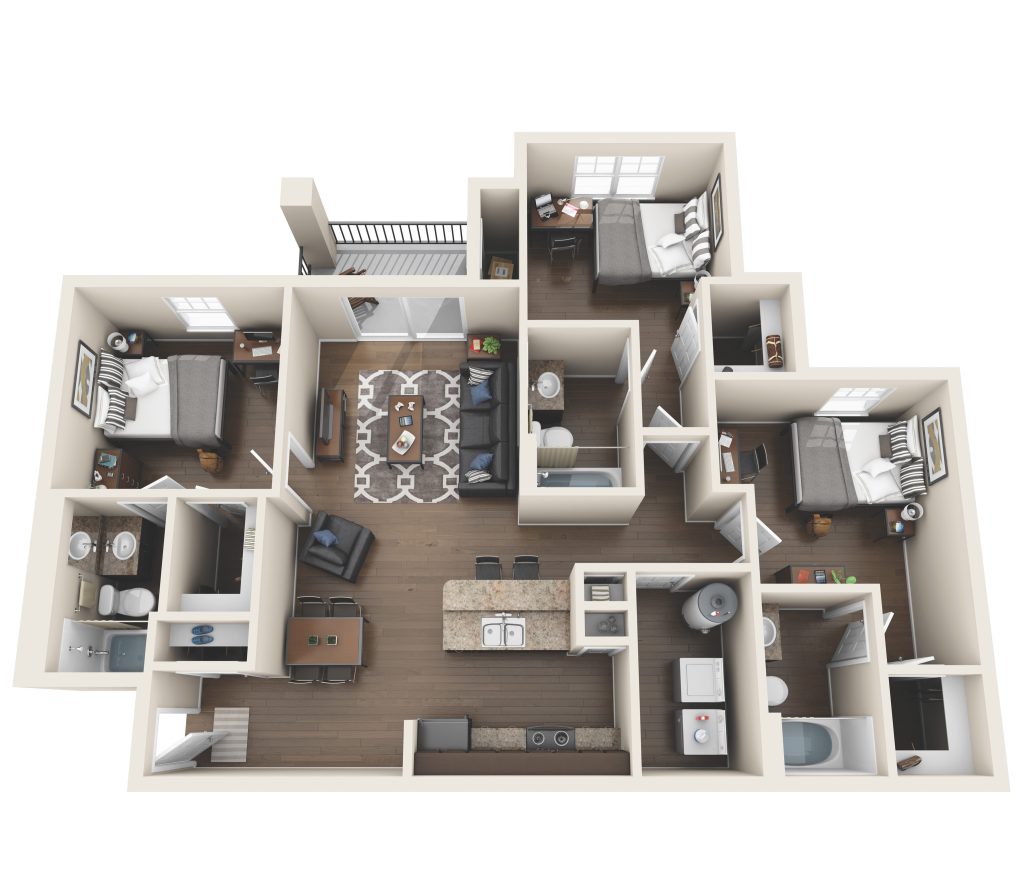 A 3D image of the 3 Bed / 3 Bath floorplan, a 1182 squarefoot, 3 bed / 3 bath unit