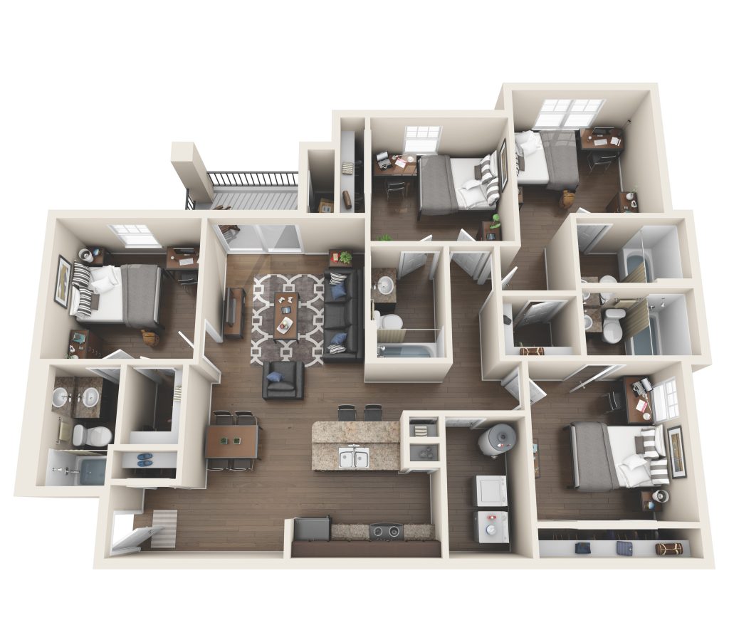 A 3D image of the 4 Bed / 4 Bath floorplan, a 1396 squarefoot, 4 bed / 4 bath unit