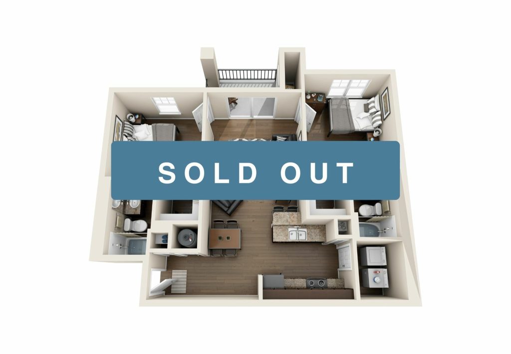 A 3D image of the 2 Bed / 2 Bath floorplan, a 876 squarefoot, 2 bed / 2 bath unit