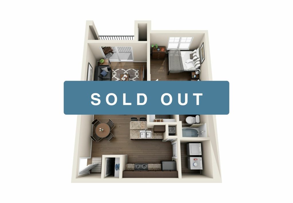 A 3D image of the 1 Bed / 1 Bath floorplan, a 620 squarefoot, 1 bed / 1 bath unit